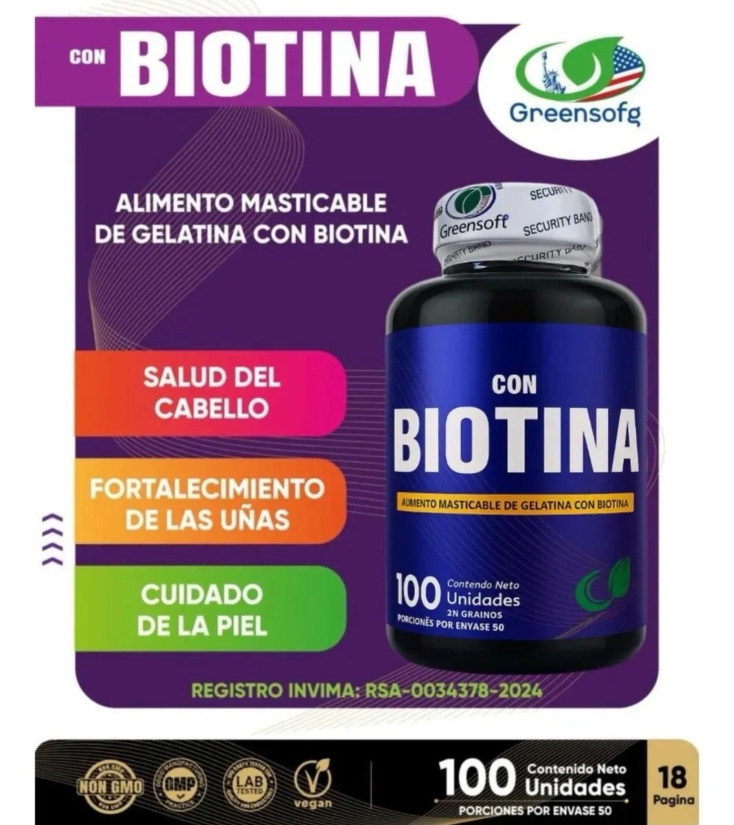 Biotina (B7) - Crecimiento de Cabello y Uñas (x100 Softgels)