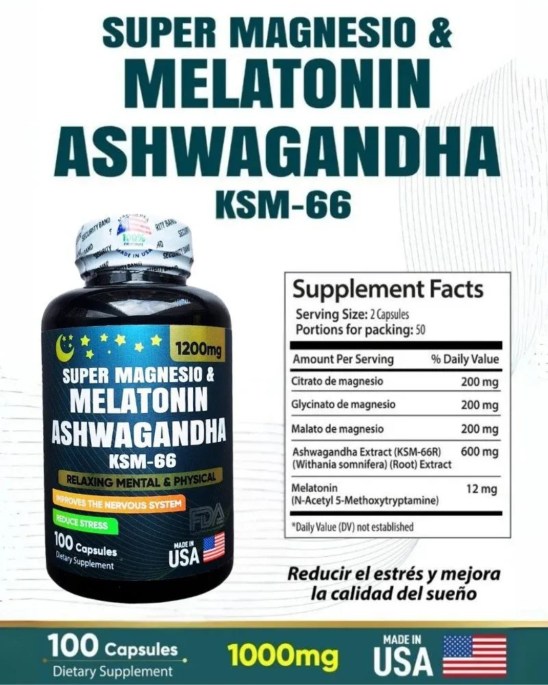 Supermagnesio + Melatonina + Ashwagandha - Sueño Profundo y Calma (x100)