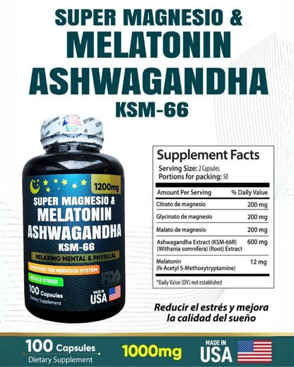 Supermagnesio + Melatonina + Ashwagandha - Sueño Profundo y Calma (x100)