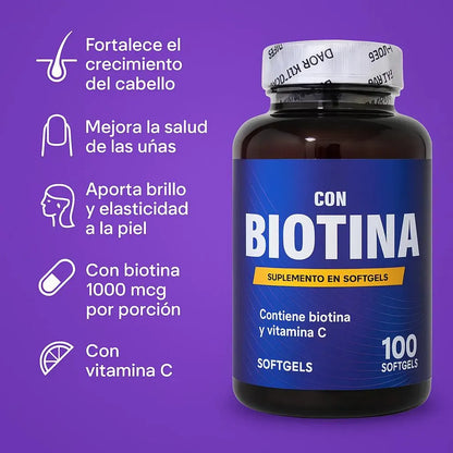 Biotina (B7) - Crecimiento de Cabello y Uñas (x100 Softgels)